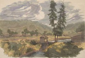 Gold rush era engraving of Sutter's Mill with Coloma in the background